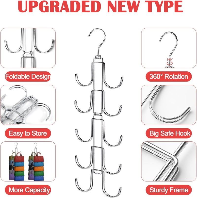 NAKBINX Purse Hanger for Closet, Collapsible Metal Purse Organizer with 20 Big Hooks(2 Pack), 360° Rotation for Better Organizer&Display, Foldable Bag Hangers Space Saving for Handbag, Belt, Scarve, Tie - Image 2
